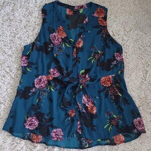 Torrid Size 1 Floral Sleeveless Blouse Teal Blue Tie Waist V-Neck Plus Size 1X